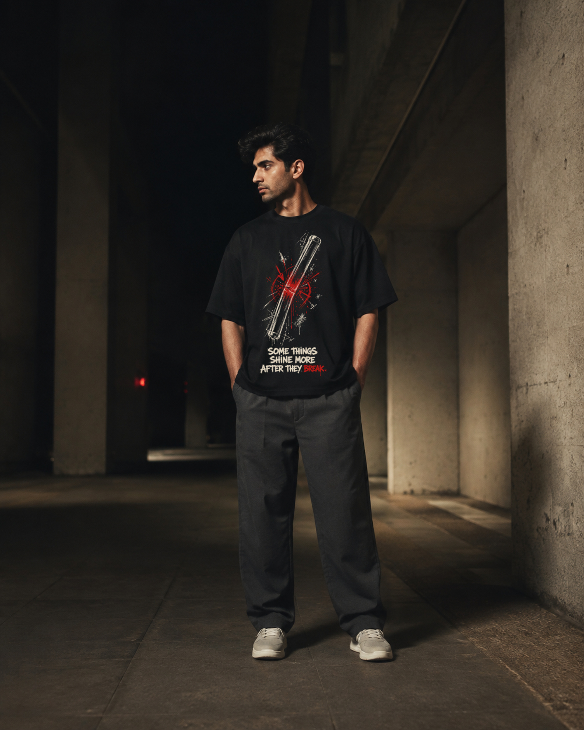 Glowstick black graphic T-shirt lifestyle photograph