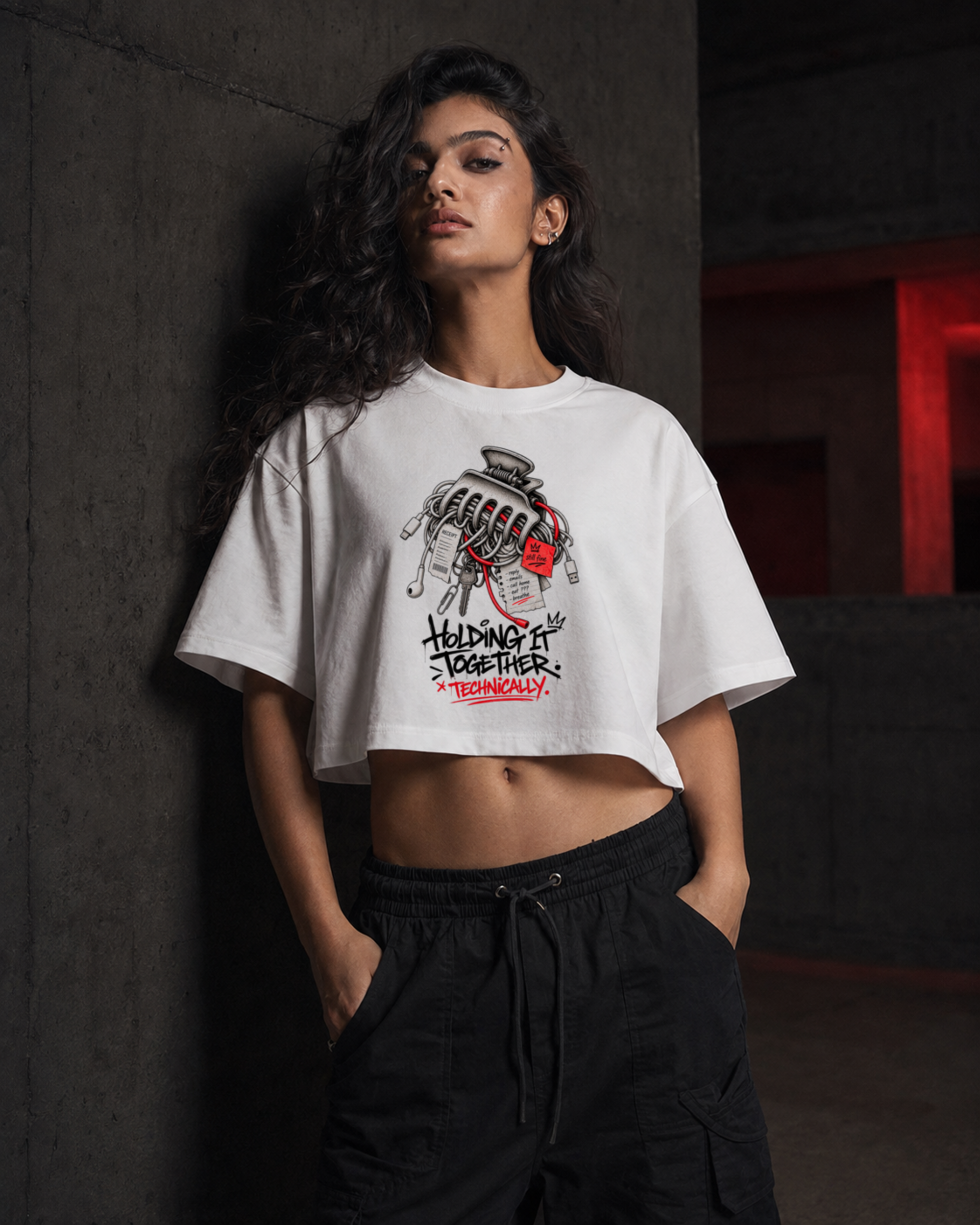 Holding It Together white crop top worn in an editorial setting