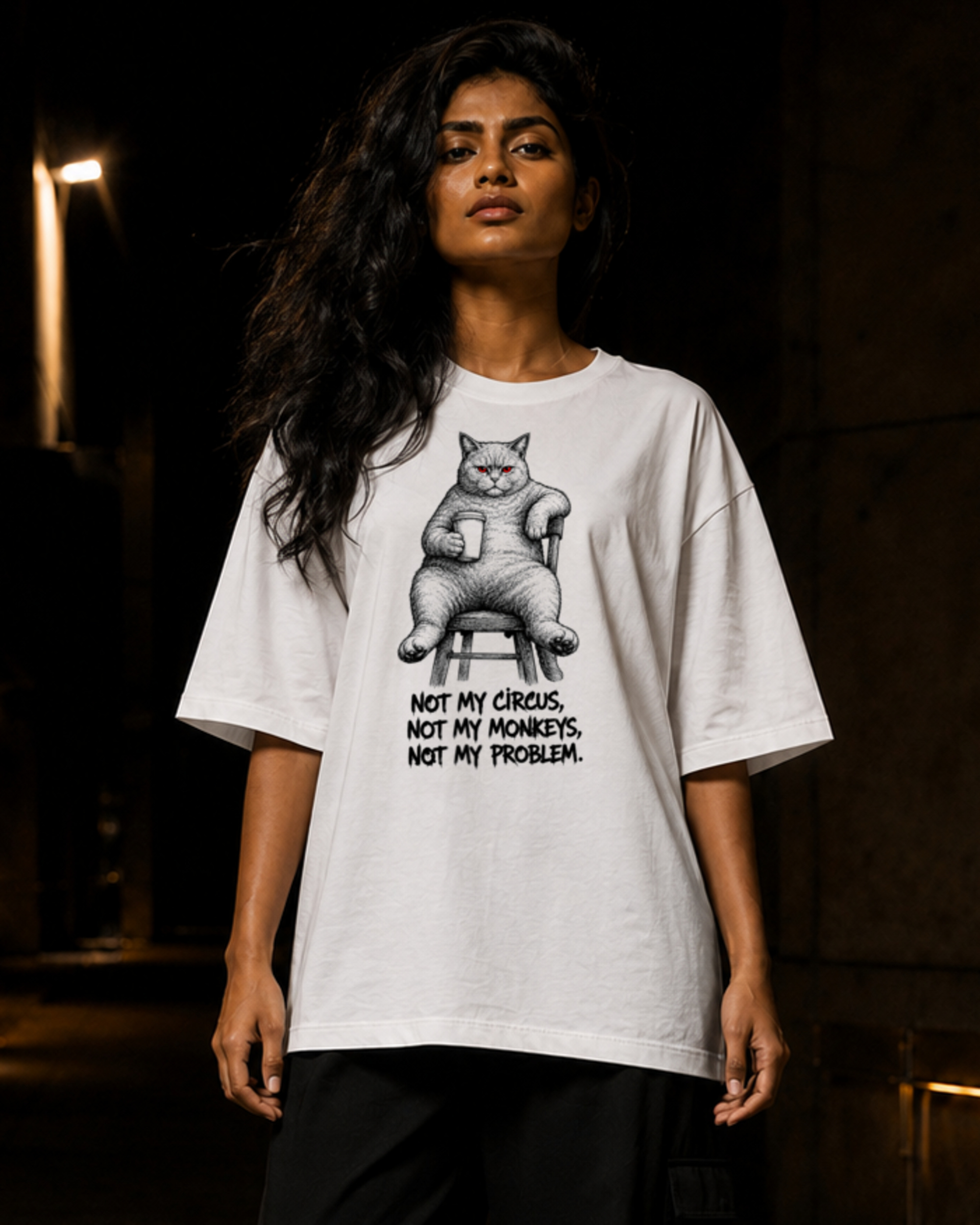 Not My Circus white graphic T-shirt editorial photograph